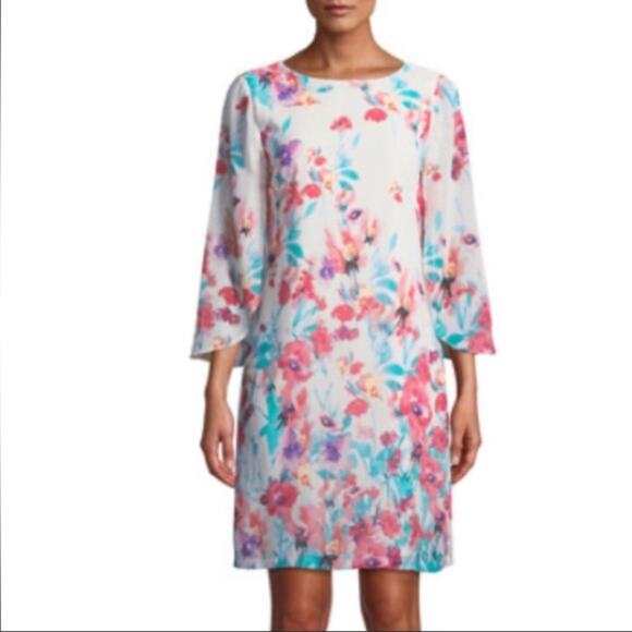 Chetta B Floral Print Midi Tulip Sleeve Shift Dress Size 8 NWT - Picture 1 of 12